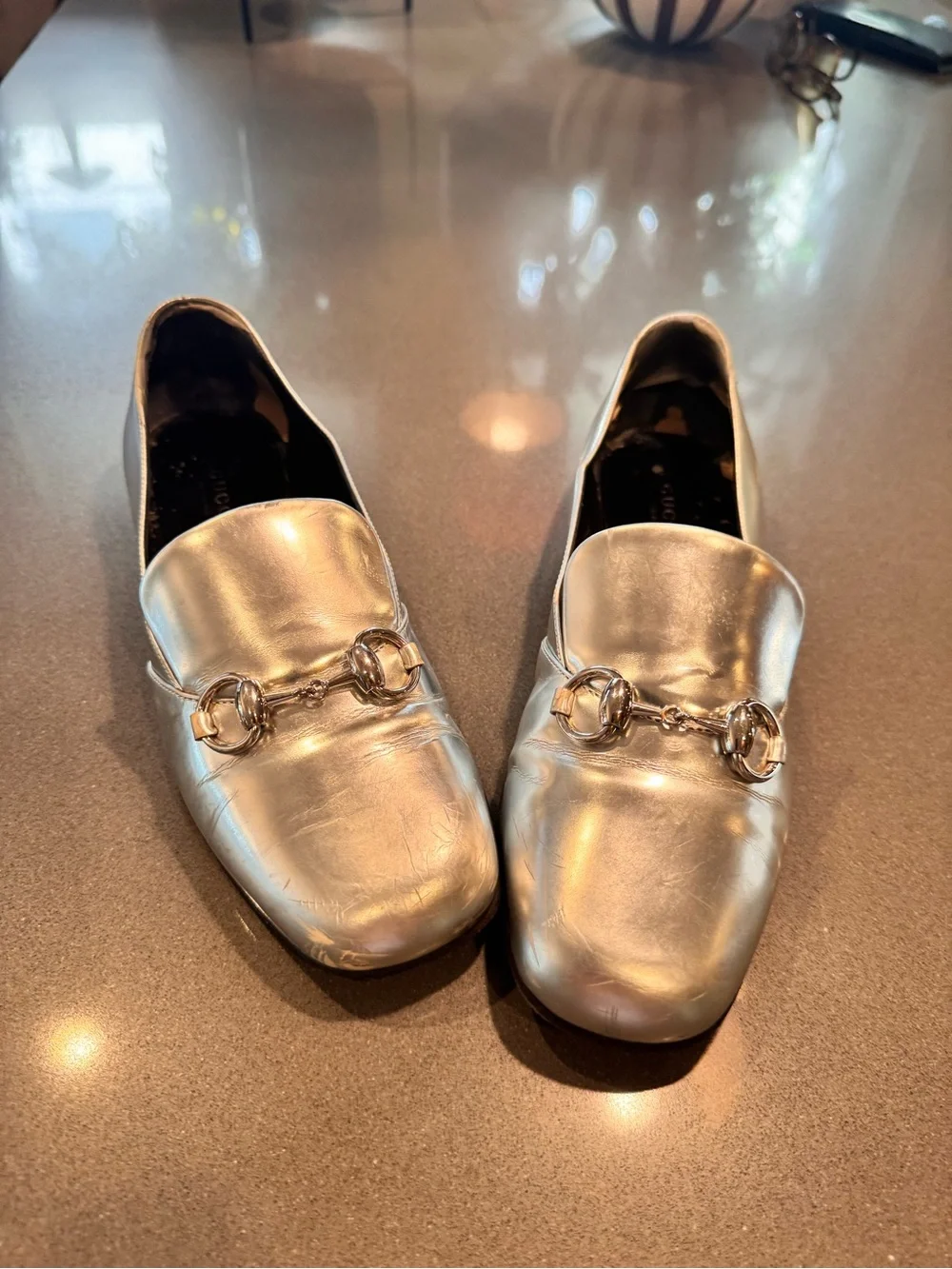 Gucci Metallic Silver Leather Horsebit Loafers - Women's - sz 7